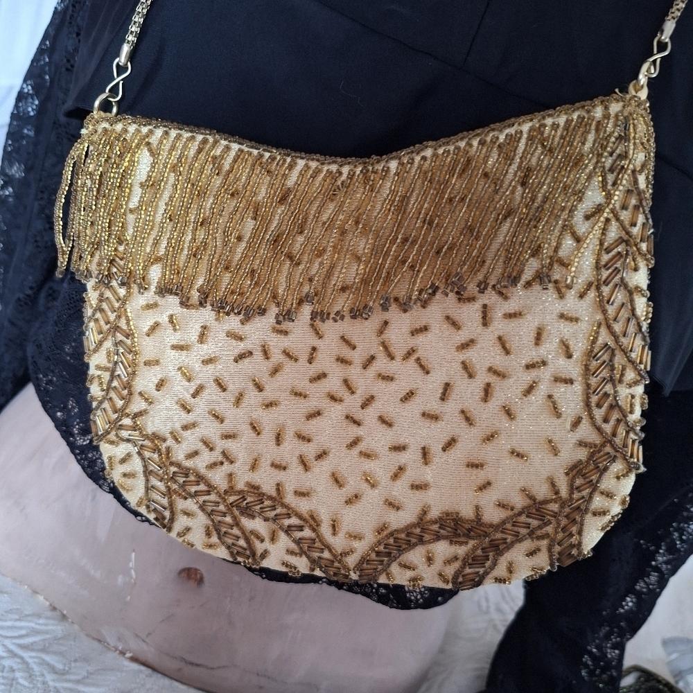 La Regale Cream and Gold Beaded Shoulder Bag